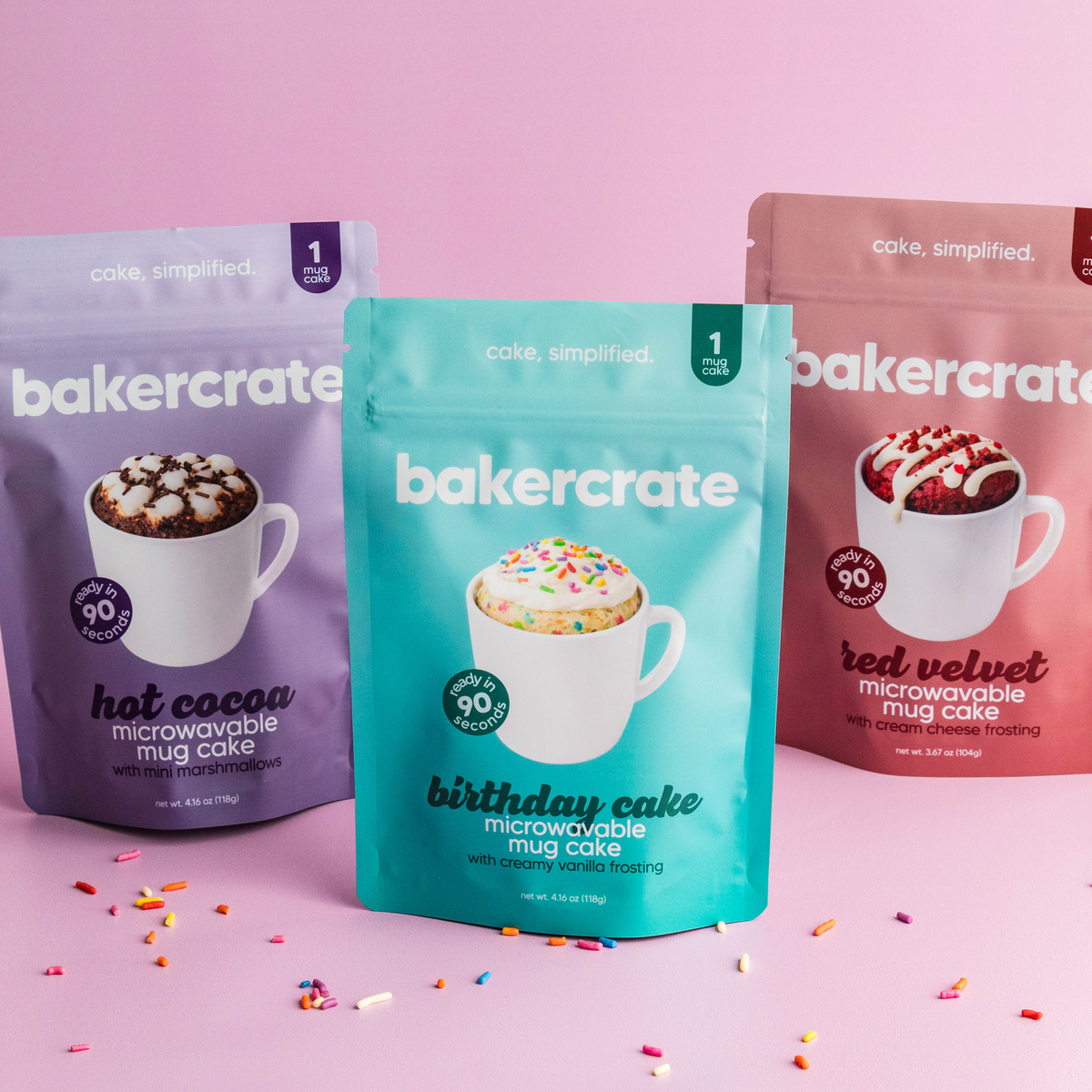 BakerCrate mug cake mix pouches in red velvet, hot cocoa, and birthday cake flavors