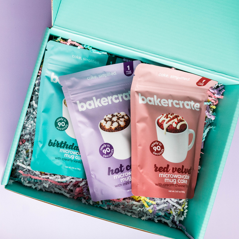 BakerCrate mug cake mix pouches in red velvet, hot cocoa, and birthday cake flavors