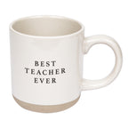 Best Teacher Ever cream stoneware mug with speckled glaze and raw clay base on white background