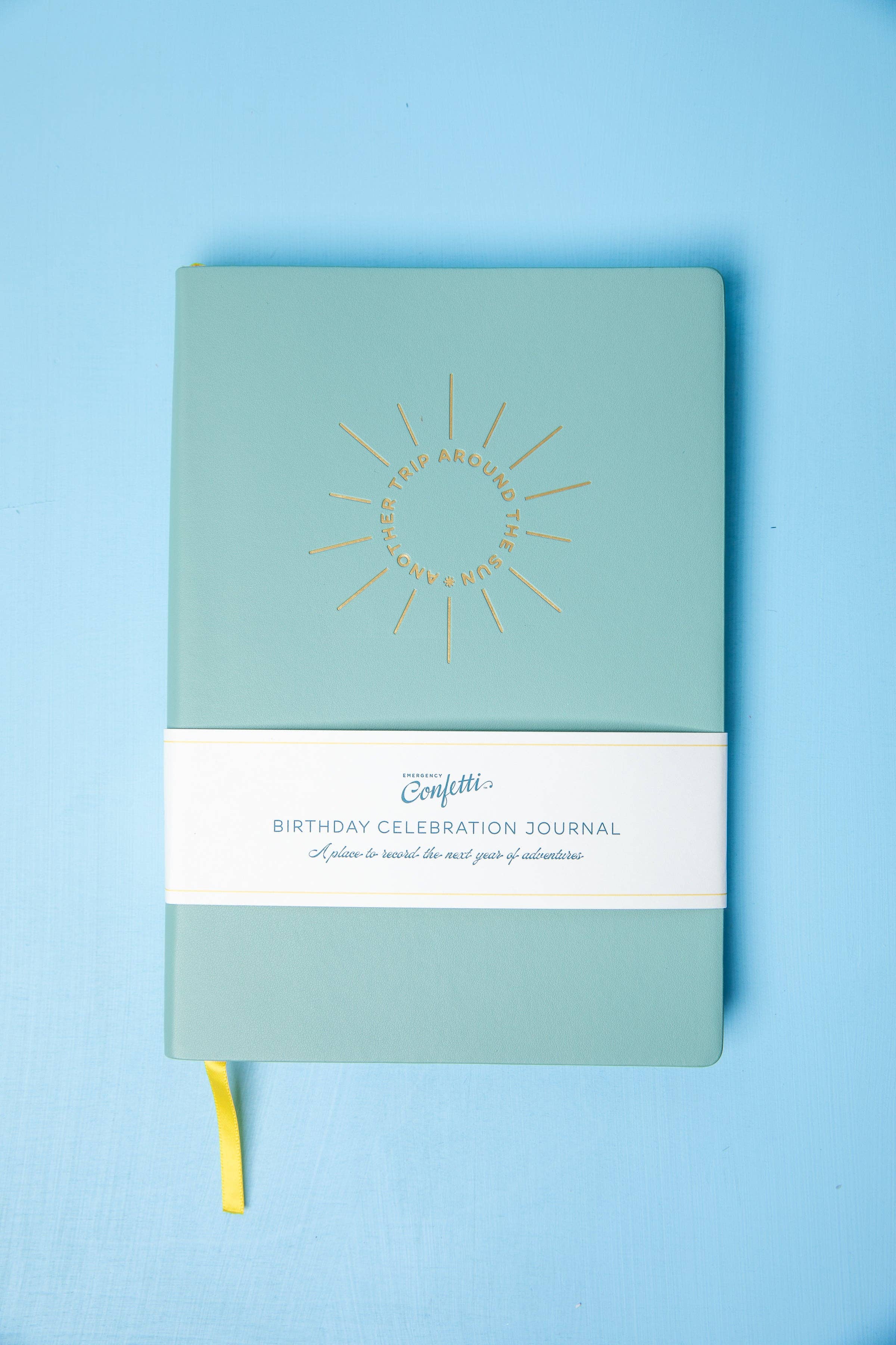 Sage green Another Trip Around The Sun journal with gold sunburst debossing and a Birthday Celebration Journal paper band, on a light blue background