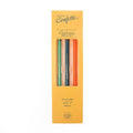 A set of three Emergency Confetti brand pencils in a tall, narrow yellow-orange cardboard display box with a clear window, shown on a plain white background.