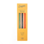 A set of three Emergency Confetti brand pencils in a tall, narrow yellow-orange cardboard display box with a clear window, shown on a plain white background.