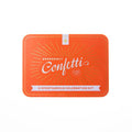 Orange confetti kit packaging with white text on a white background