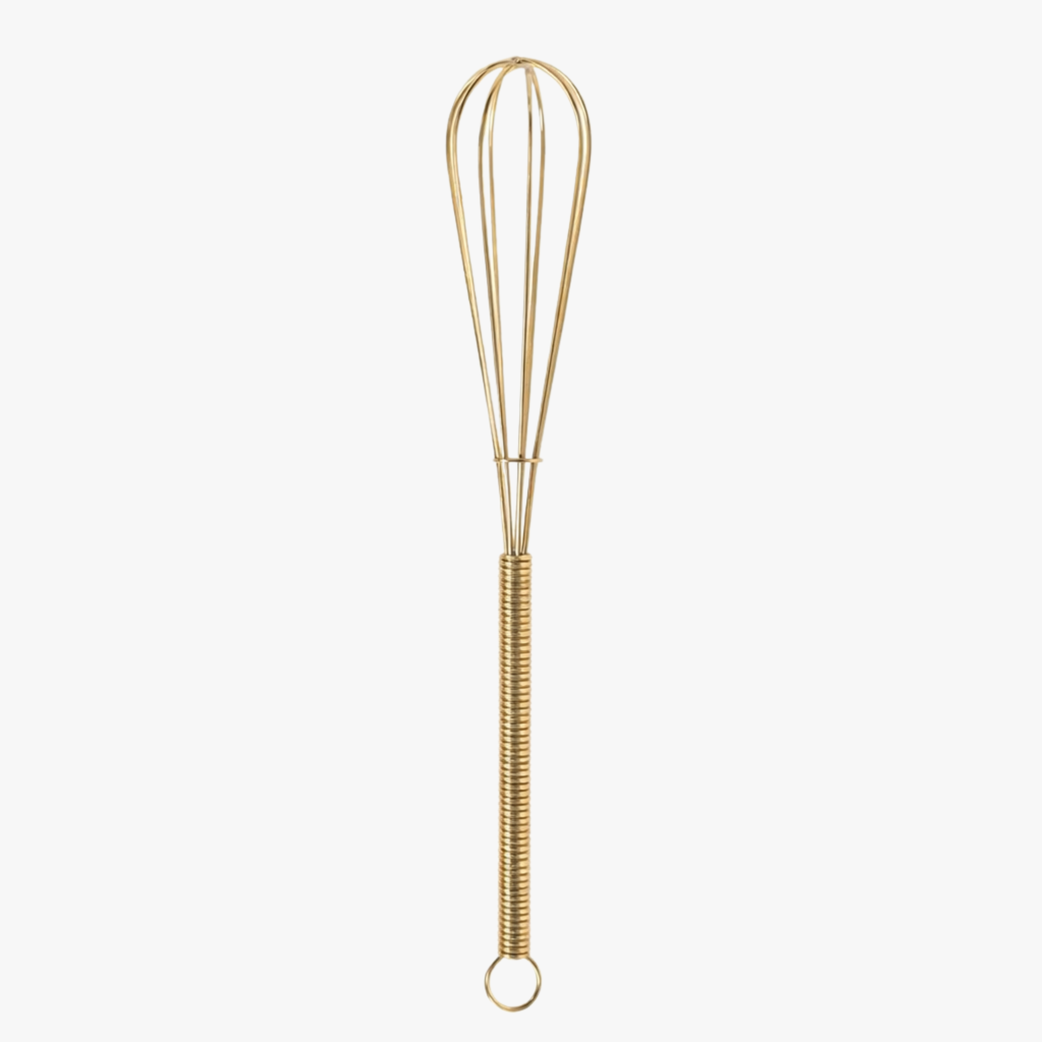 Gold mini wire whisk on white background