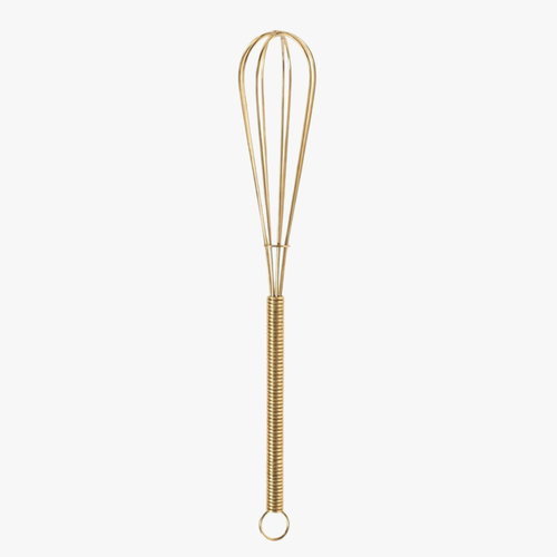 Gold mini wire whisk on white background