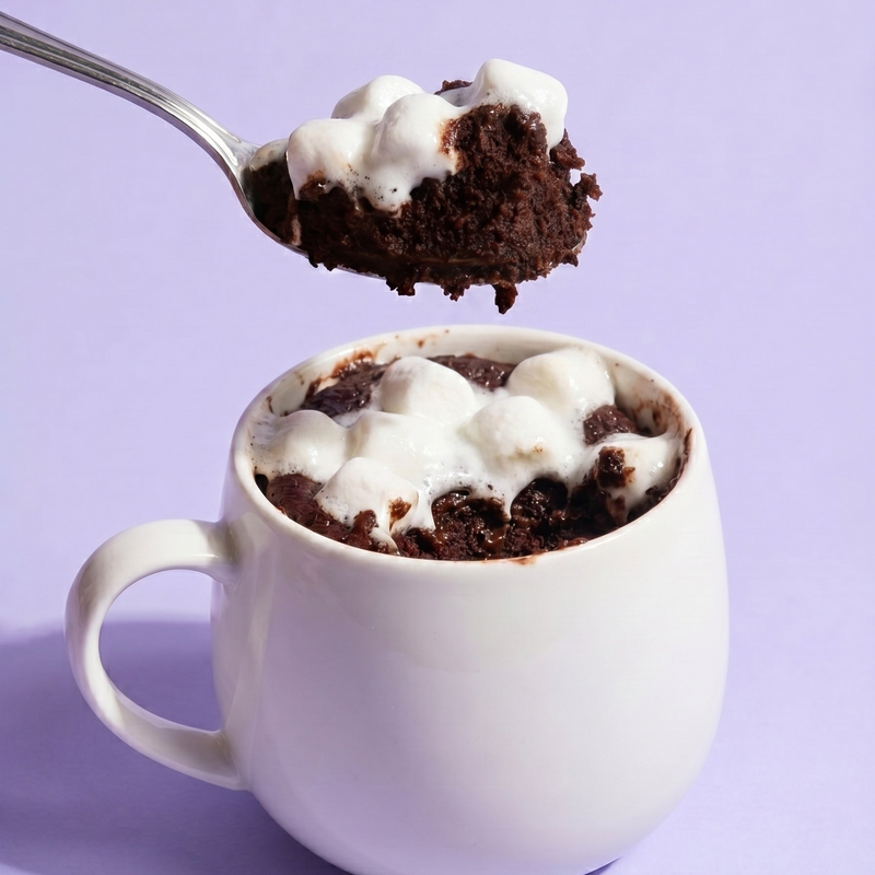 Hot cocoa mug cake with melted marshmallows in white mug, spoon lifting a bite on purple background