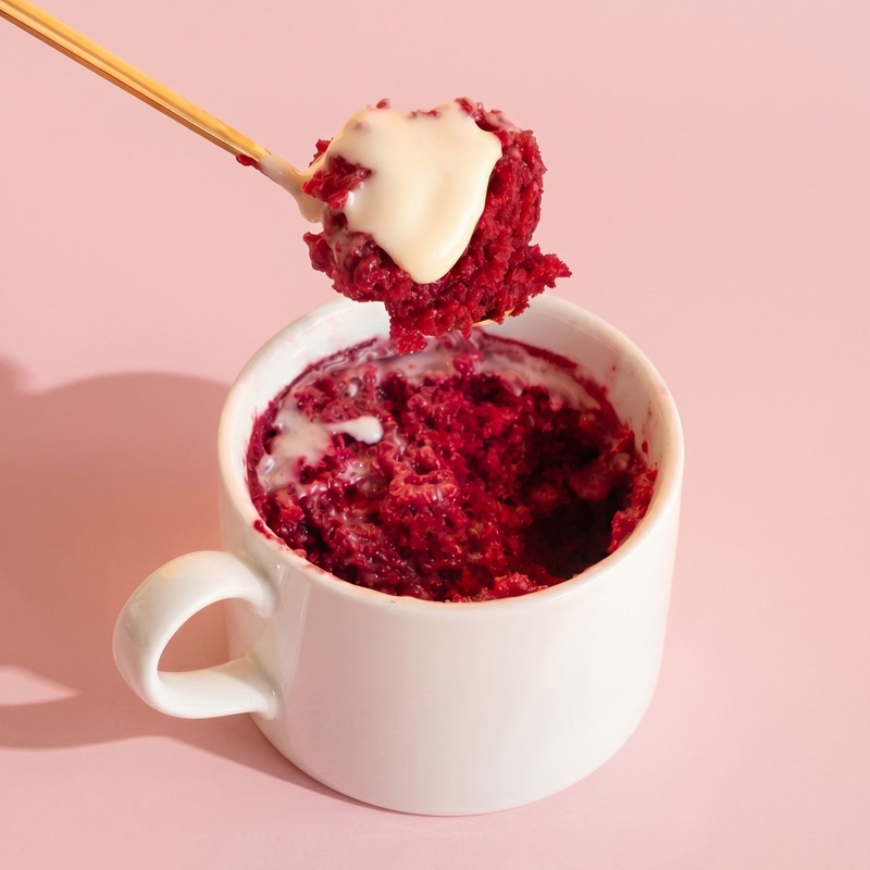 Red velvet mug cake with cream cheese frosting in white mug, gold spoon, pink background