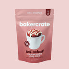 Bakercrate red velvet microwavable mug cake pouch on pink background